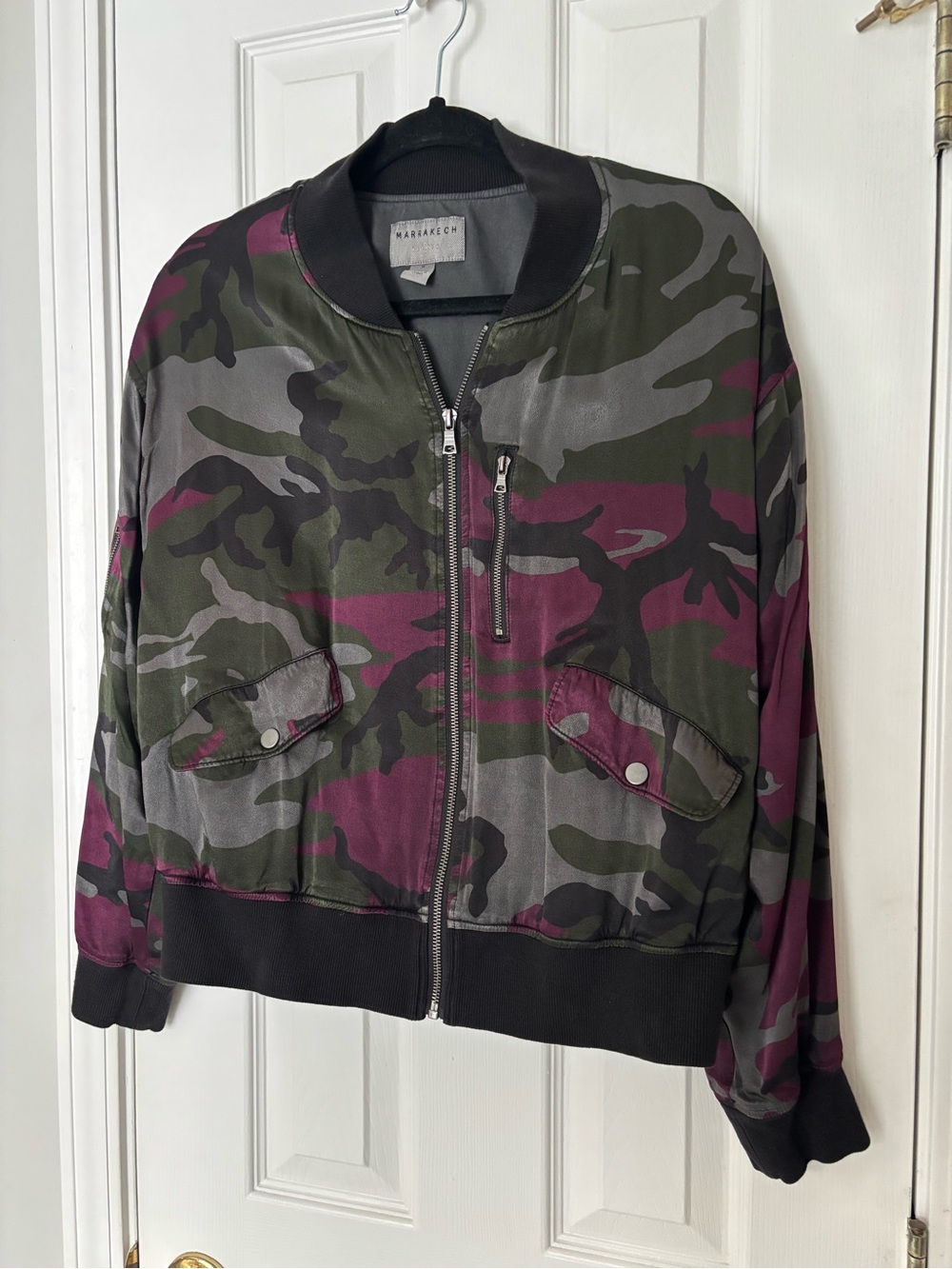 Marrakech Satin Camo Bomber Jacket Green Plum Black Size M